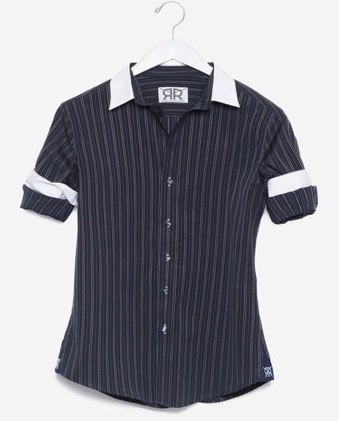 Tailored Shirt- Navy Stripe with White Collar and Cuffs Women's Blouse –  Double R Brand - Dallas