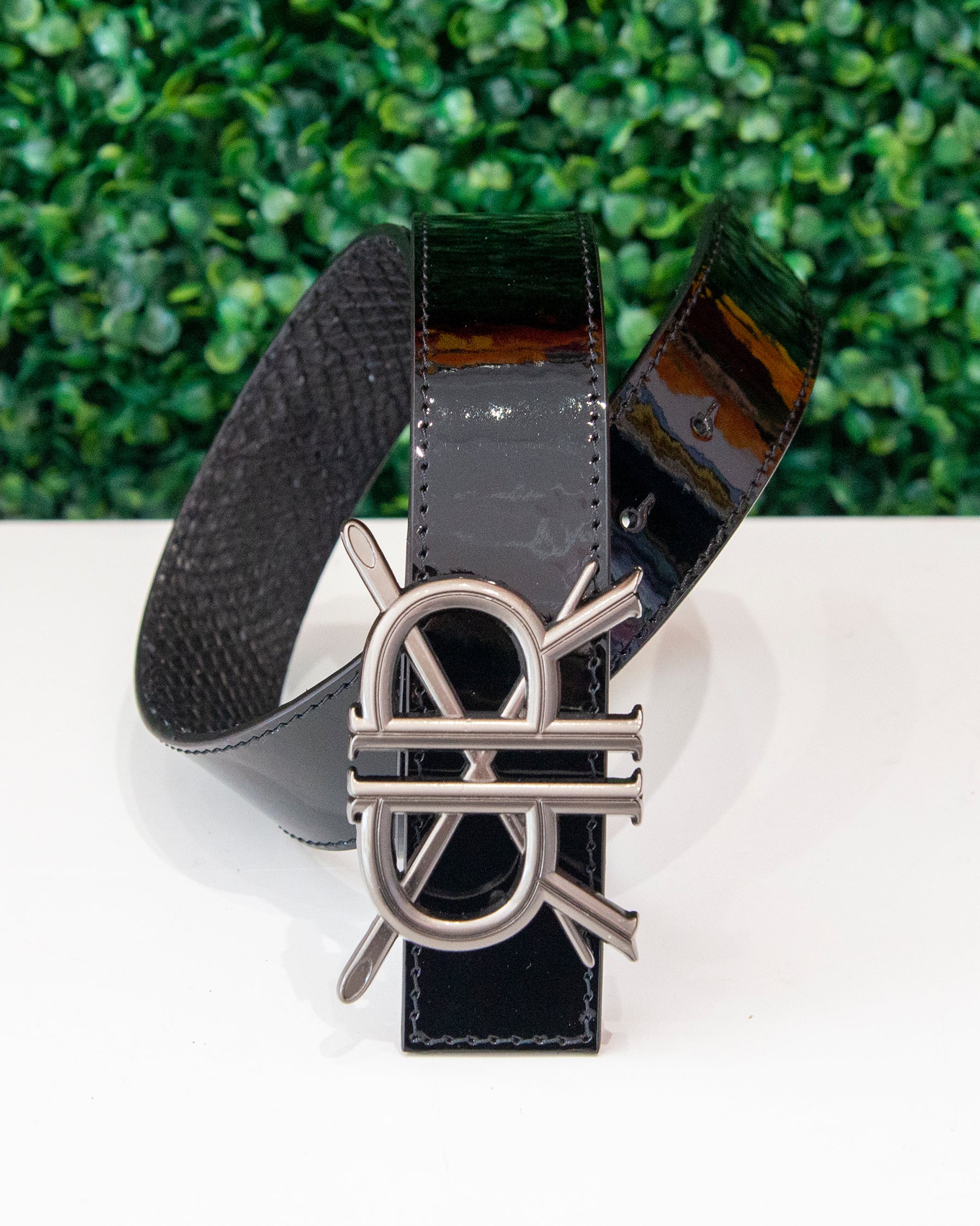 Python-like leather double buckle belt